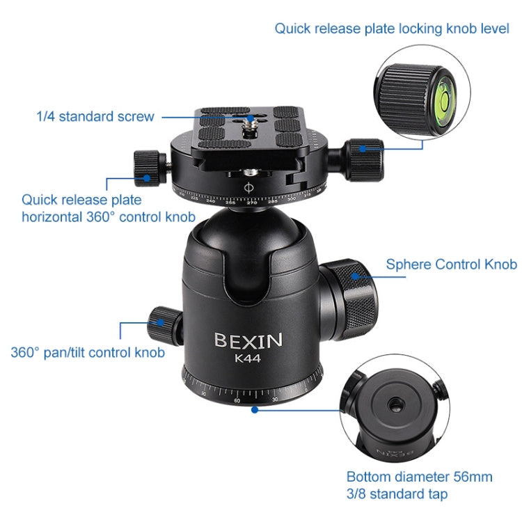 BEXIN RC334 Portable Collapsible Carbon Fiber Camera Tripod with K44 Panoramic BallHead, RC334+K44