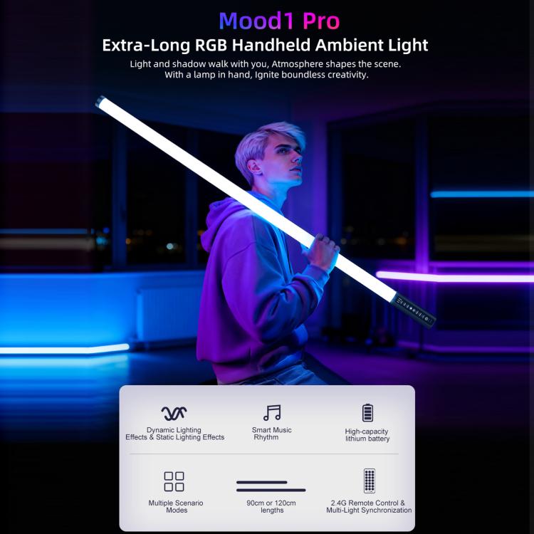 LUXCeO Mood1 Pro 90cm RGB Colorful Atmosphere Rhythm LED Stick Handheld Video Photo Fill Light, No Tripod, 90cm