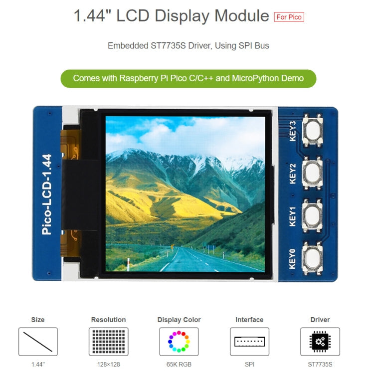 WAVESHARE 1.44 inch LCD 65K Colors 128 x 128 Display Module for Raspberry Pi Pico,  SPI Interface, 1.44 inch