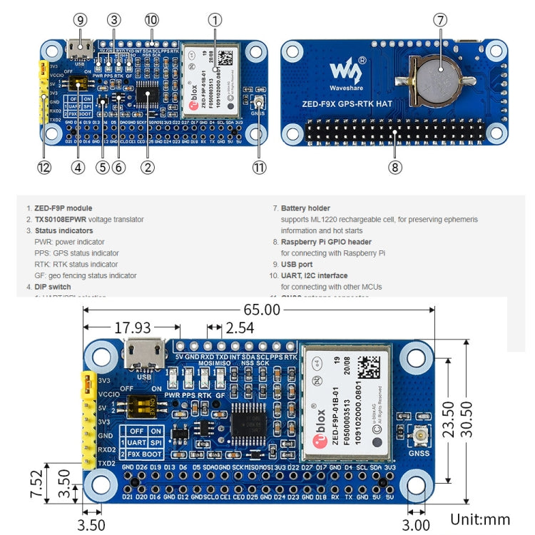 Waveshare ZED-F9P GPS-RTK HAT Centimeter Level Accuracy Multi-Band RTK Differential GPS Module for Raspberry Pi, ZED-F9P