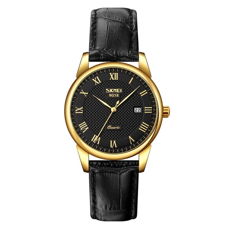 SKMEI 9058 Multifunctional Outdoor Fashion Waterproof Gold Shell Quartz Wrist Watch, Women Style Black Face Black Strap, Women Style Silver Face Brown Strap, Women Style Gold Face Brown Strap, Men Style Silver Face Brown Strap                          ...