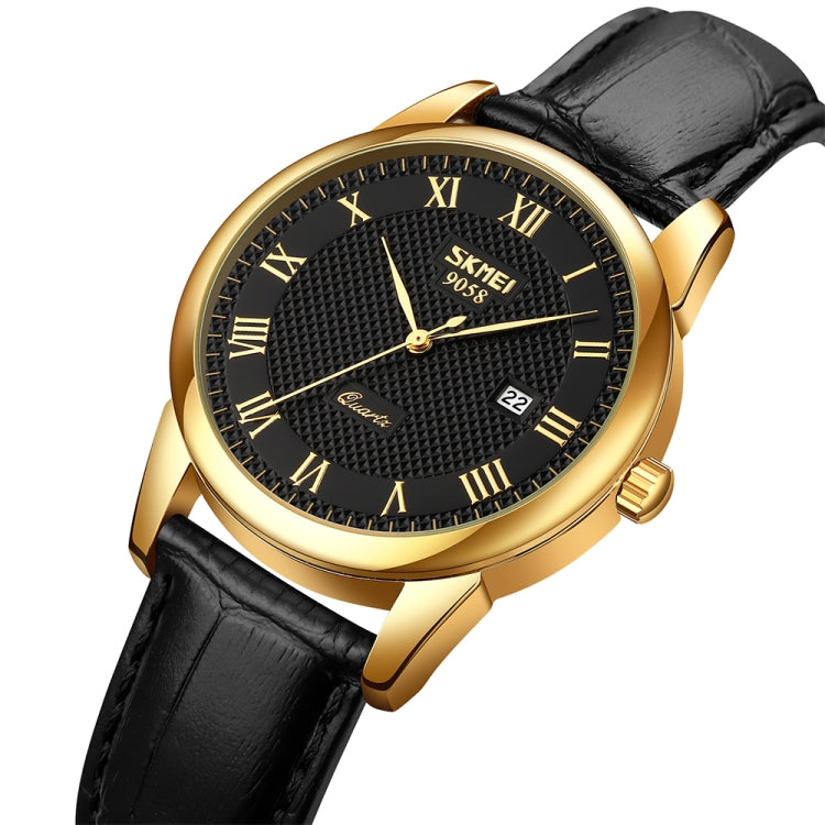 SKMEI 9058 Multifunctional Outdoor Fashion Waterproof Gold Shell Quartz Wrist Watch, Women Style Black Face Black Strap, Women Style Silver Face Brown Strap, Women Style Gold Face Brown Strap, Men Style Silver Face Brown Strap                          ...
