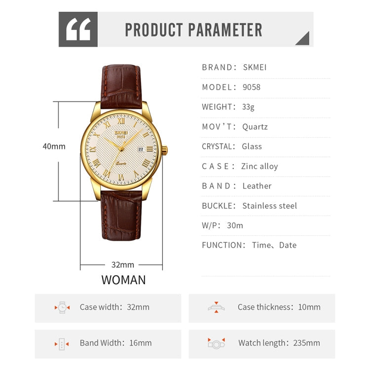 SKMEI 9058 Multifunctional Outdoor Fashion Waterproof Gold Shell Quartz Wrist Watch, Women Style Black Face Black Strap, Women Style Silver Face Brown Strap, Women Style Gold Face Brown Strap, Men Style Silver Face Brown Strap                          ...