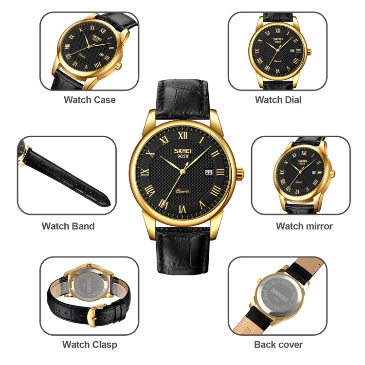 SKMEI 9058 Multifunctional Outdoor Fashion Waterproof Gold Shell Quartz Wrist Watch, Women Style Black Face Black Strap, Women Style Silver Face Brown Strap, Women Style Gold Face Brown Strap, Men Style Silver Face Brown Strap                          ...
