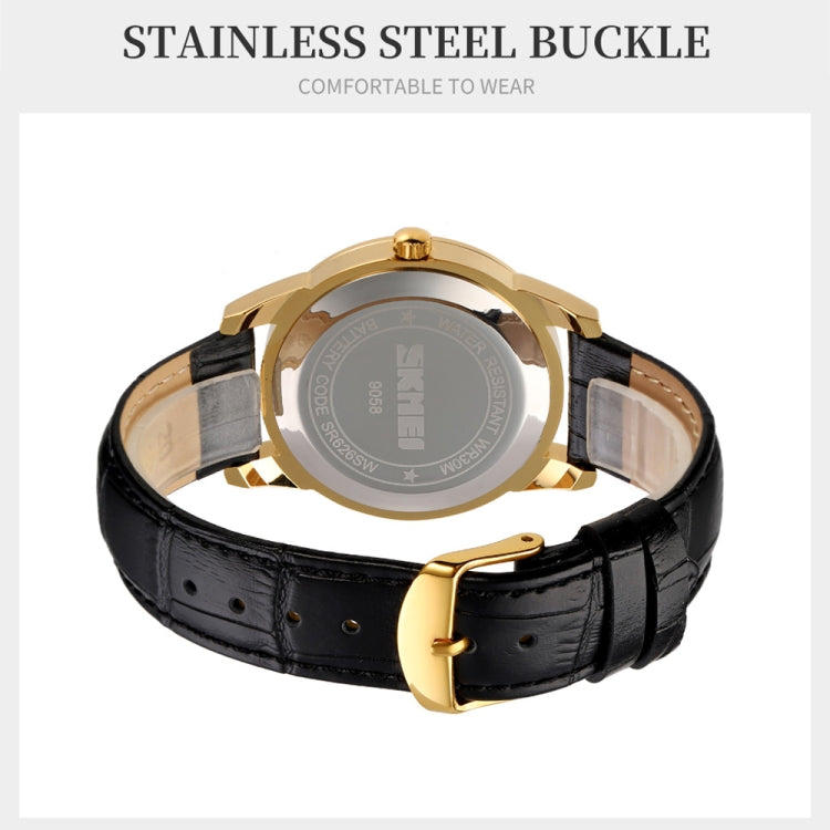 SKMEI 9058 Multifunctional Outdoor Fashion Waterproof Gold Shell Quartz Wrist Watch, Women Style Black Face Black Strap, Women Style Silver Face Brown Strap, Women Style Gold Face Brown Strap, Men Style Silver Face Brown Strap                          ...
