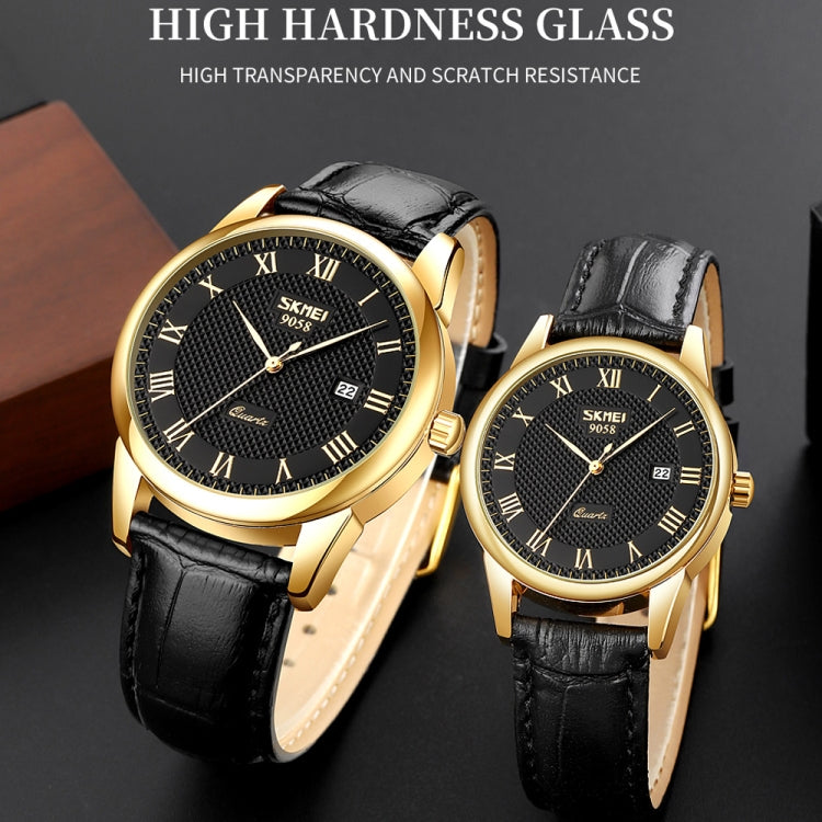 SKMEI 9058 Multifunctional Outdoor Fashion Waterproof Gold Shell Quartz Wrist Watch, Women Style Black Face Black Strap, Women Style Silver Face Brown Strap, Women Style Gold Face Brown Strap, Men Style Silver Face Brown Strap                          ...