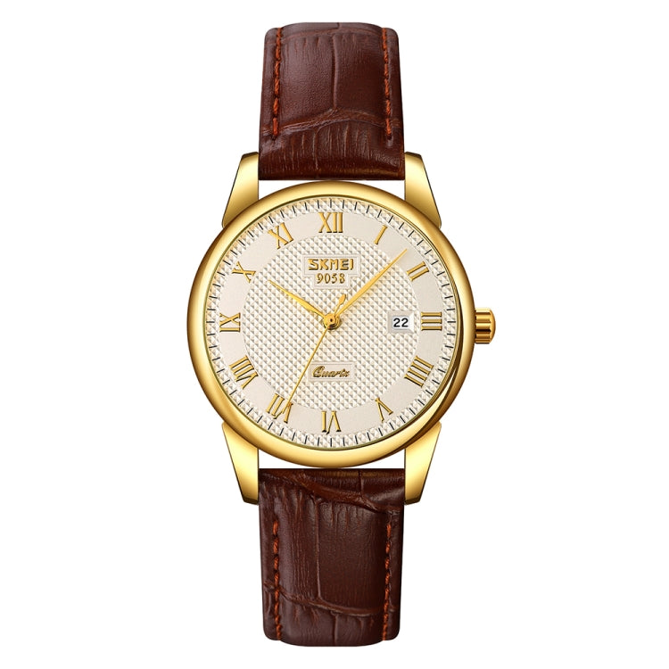 SKMEI 9058 Multifunctional Outdoor Fashion Waterproof Gold Shell Quartz Wrist Watch, Women Style Black Face Black Strap, Women Style Silver Face Brown Strap, Women Style Gold Face Brown Strap, Men Style Silver Face Brown Strap                          ...