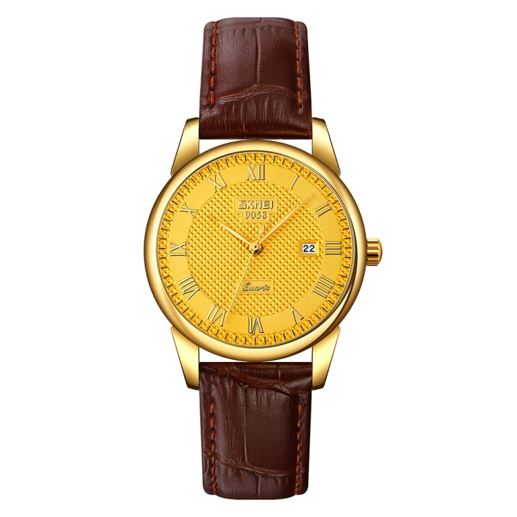 SKMEI 9058 Multifunctional Outdoor Fashion Waterproof Gold Shell Quartz Wrist Watch, Women Style Black Face Black Strap, Women Style Silver Face Brown Strap, Women Style Gold Face Brown Strap, Men Style Silver Face Brown Strap                          ...