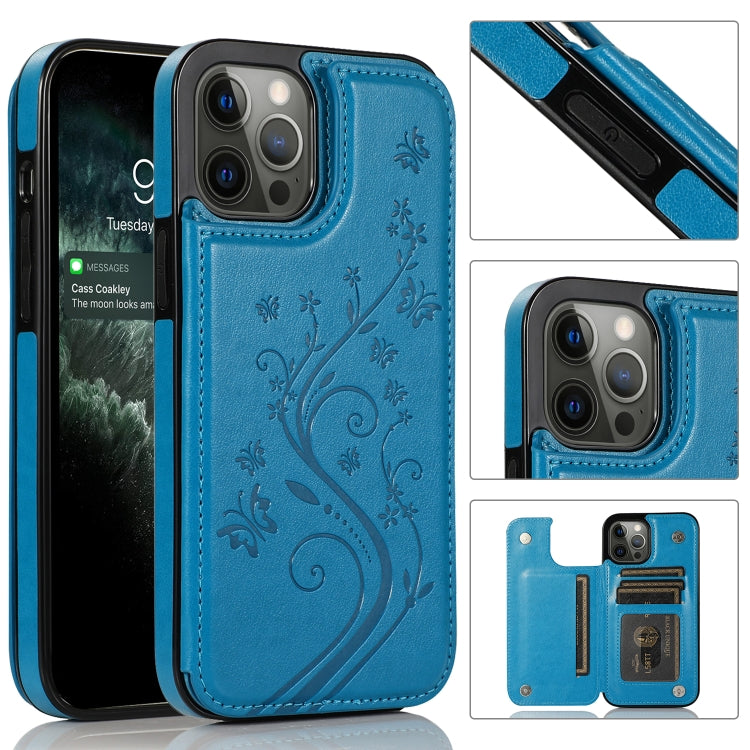 Butterflies Flowers Double Buckle PU + TPU Protective Case with Holder & Card Slots & Photo Frame, For iPhone 12 Pro Max