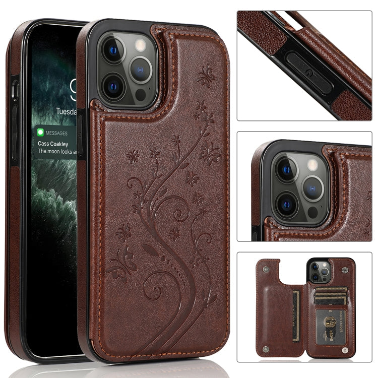 Butterflies Flowers Double Buckle PU + TPU Protective Case with Holder & Card Slots & Photo Frame, For iPhone 12 Pro Max