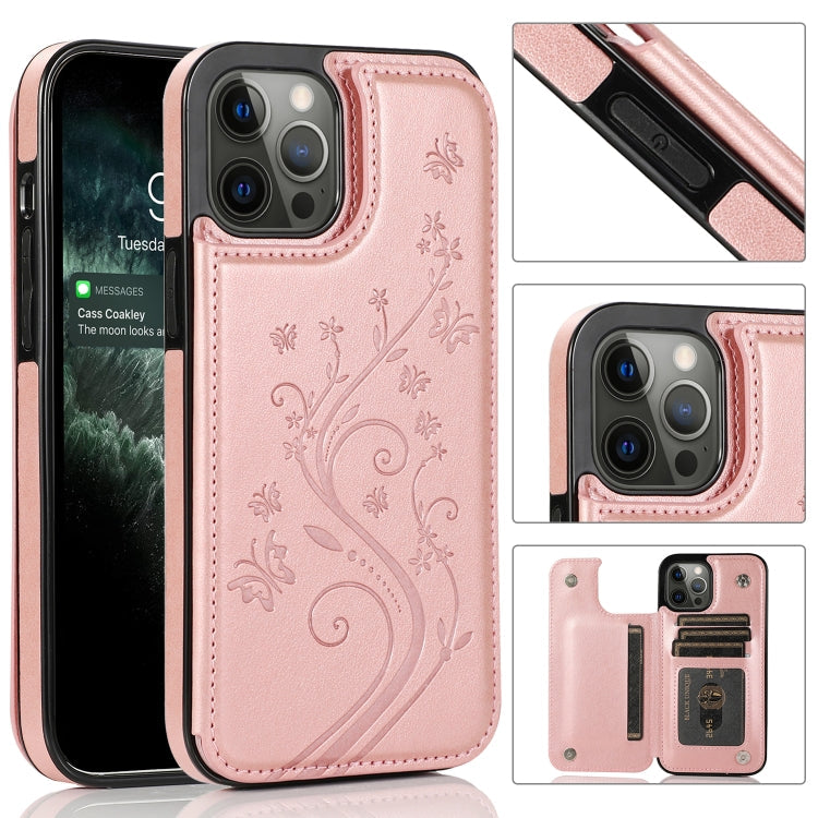Butterflies Flowers Double Buckle PU + TPU Protective Case with Holder & Card Slots & Photo Frame, For iPhone 12 Pro Max