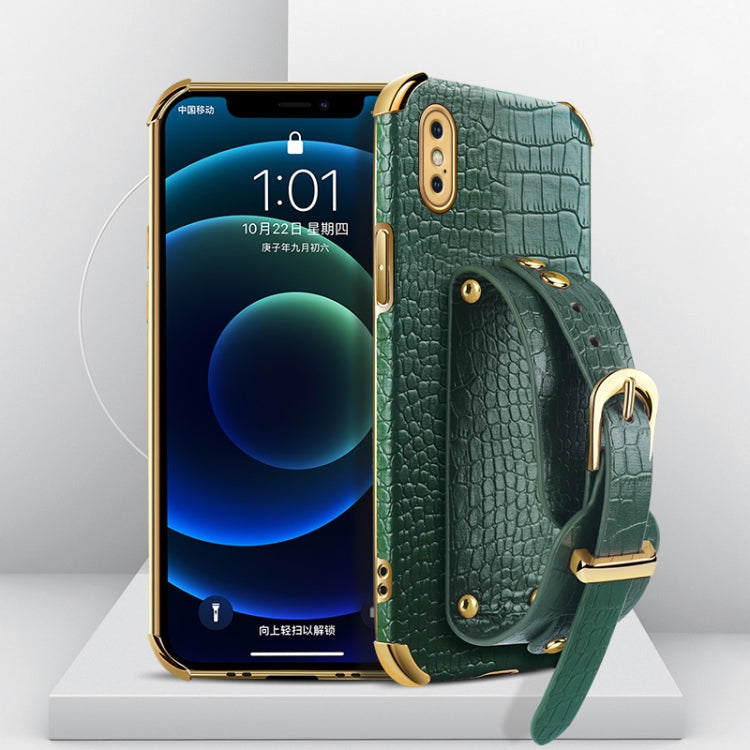 Electroplated TPU Crocodile Pattern Leather Case with Wrist Strap, For iPhone XR, For iPhone XS Max, For iPhone 11, For iPhone 11 Pro