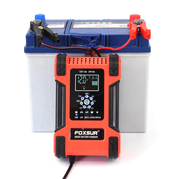 FOXSUR 12A / 12V / 24V Car / Motorcycle 7-stage Lead-acid Battery AGM Charger, 12A, US Plug, 12A, EU Plug, 12A, UK Plug