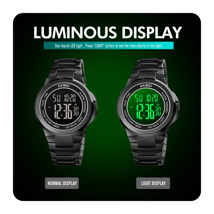 SKMEI 1712 Dual Time LED Digital Display Luminous Stainless Steel Strap Electronic Watch