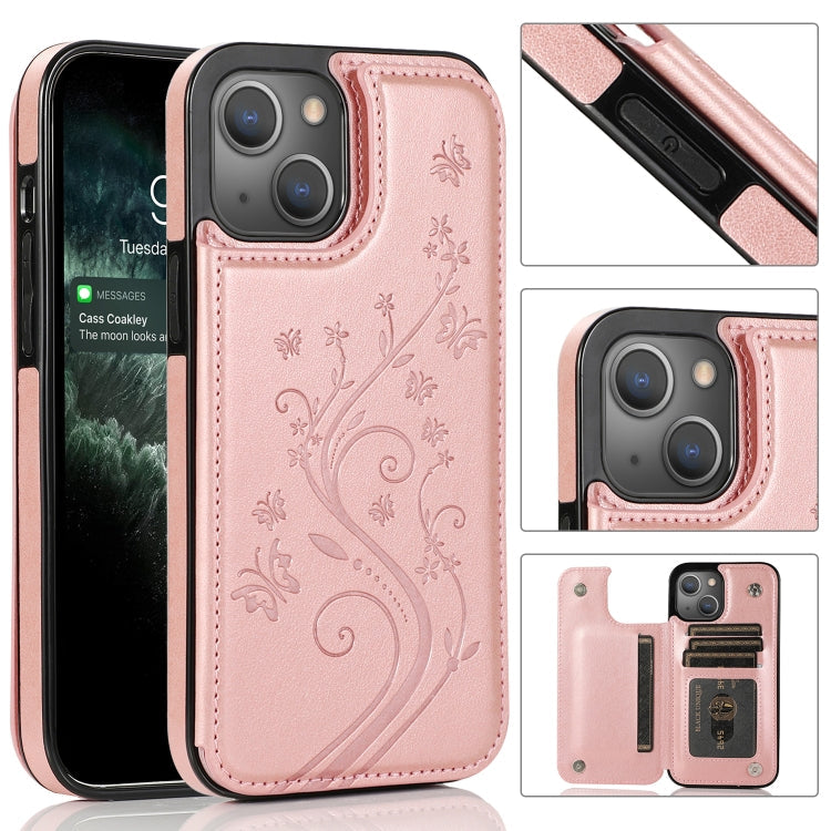 Butterflies Flowers Double Buckle PU + TPU Protective Case with Holder & Card Slots & Photo Frame, For iPhone 13 mini, For iPhone 13