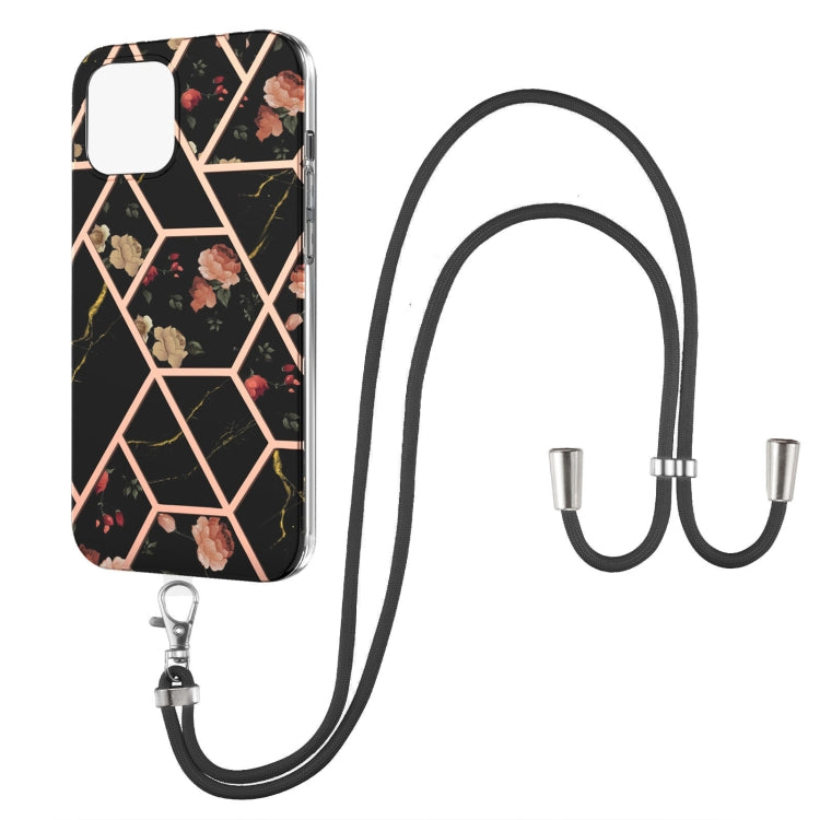 Electroplating Splicing Marble Flower Pattern TPU Shockproof Case with Lanyard, For iPhone 13 mini, For iPhone 13, For iPhone 13 Pro, For iPhone 13 Pro Max, For iPhone 12 mini, For iPhone 12 / 12 Pro