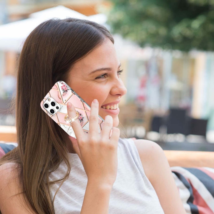 Electroplating Splicing Marble Flower Pattern TPU Shockproof Case with Rhinestone Ring Holder, For iPhone 12 Pro Max, For iPhone 11, For iPhone 11 Pro, For iPhone 11 Pro Max, For iPhone X / XS, For iPhone XR