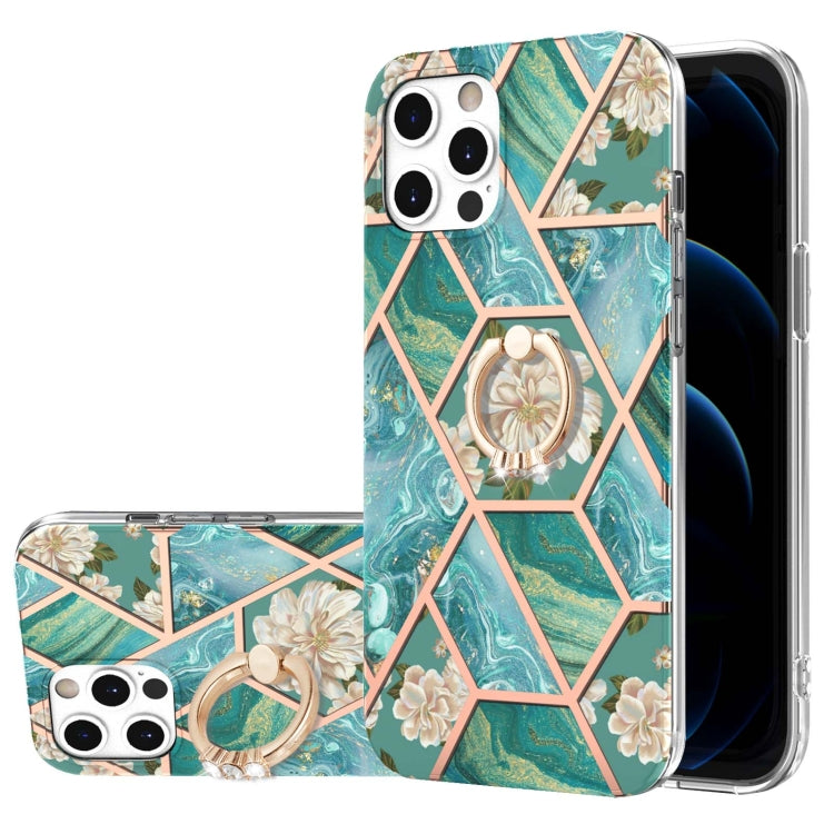 Electroplating Splicing Marble Flower Pattern TPU Shockproof Case with Rhinestone Ring Holder, For iPhone 12 Pro Max, For iPhone 11, For iPhone 11 Pro, For iPhone 11 Pro Max, For iPhone X / XS, For iPhone XR