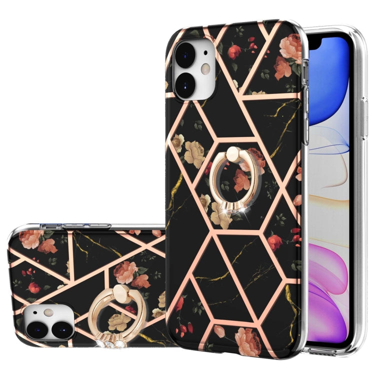 Electroplating Splicing Marble Flower Pattern TPU Shockproof Case with Rhinestone Ring Holder, For iPhone 12 Pro Max, For iPhone 11, For iPhone 11 Pro, For iPhone 11 Pro Max, For iPhone X / XS, For iPhone XR