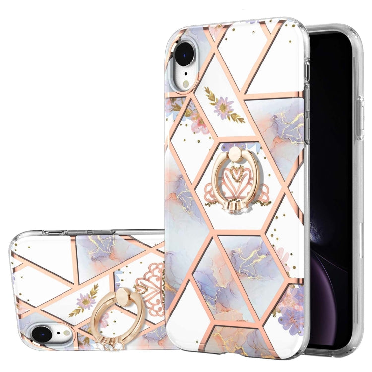 Electroplating Splicing Marble Flower Pattern TPU Shockproof Case with Rhinestone Ring Holder, For iPhone 12 Pro Max, For iPhone 11, For iPhone 11 Pro, For iPhone 11 Pro Max, For iPhone X / XS, For iPhone XR