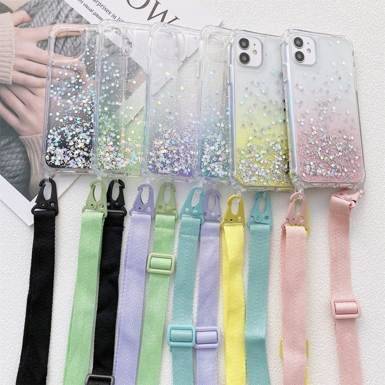 Gradient Glitter Powder Epoxy TPU Thickened Acrylic Shockproof Case with Wide Neck Lanyard, For iPhone 11, For iPhone 11 Pro, For iPhone 11 Pro Max