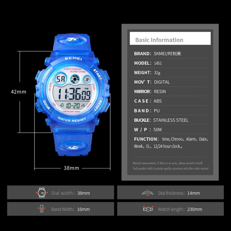 SKMEI 1451 LED Digital Stopwatch Chronograph Luminous Children Sports Electronic Watch, 1451(Transparent Pink Blue), 1451(Transparent Purple), 1451(Transparent Sky Blue), 1451(Transparent Rose Red), 1451(White Shell Blue Circle)                        ...