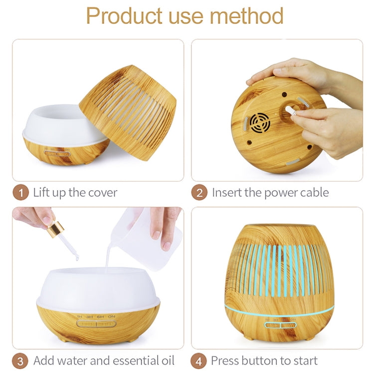 400ml Hollow-out LED Humidifier Wood Grain Air Purifier Aromatherapy Machine with Colorful LED Light, EU Plug, UK Plug, US Plug