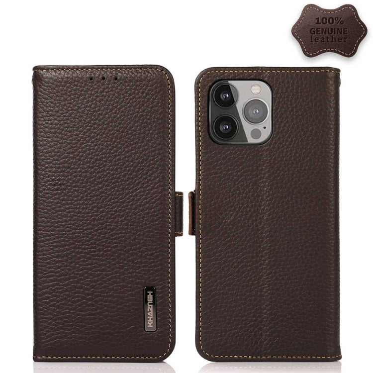 KHAZNEH Side-Magnetic Litchi Genuine Leather RFID Case, For iPhone 13 mini, For iPhone 13, For iPhone 13 Pro, For iPhone 13 Pro Max, For iPhone 12 mini, For iPhone 12 / 12 Pro