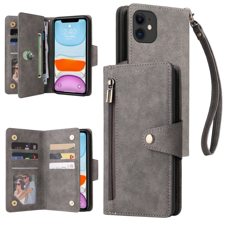 Rivet Buckle 9 Cards Three Fold Leather Phone Case, For iPhone 7/8/SE 2020, For iPhone 7 Plus/8 Plus, For iPhone 11, For iPhone 11 Pro