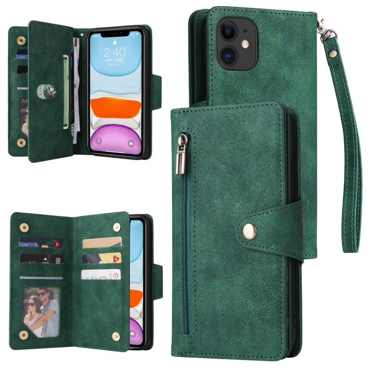 Rivet Buckle 9 Cards Three Fold Leather Phone Case, For iPhone 7/8/SE 2020, For iPhone 7 Plus/8 Plus, For iPhone 11, For iPhone 11 Pro