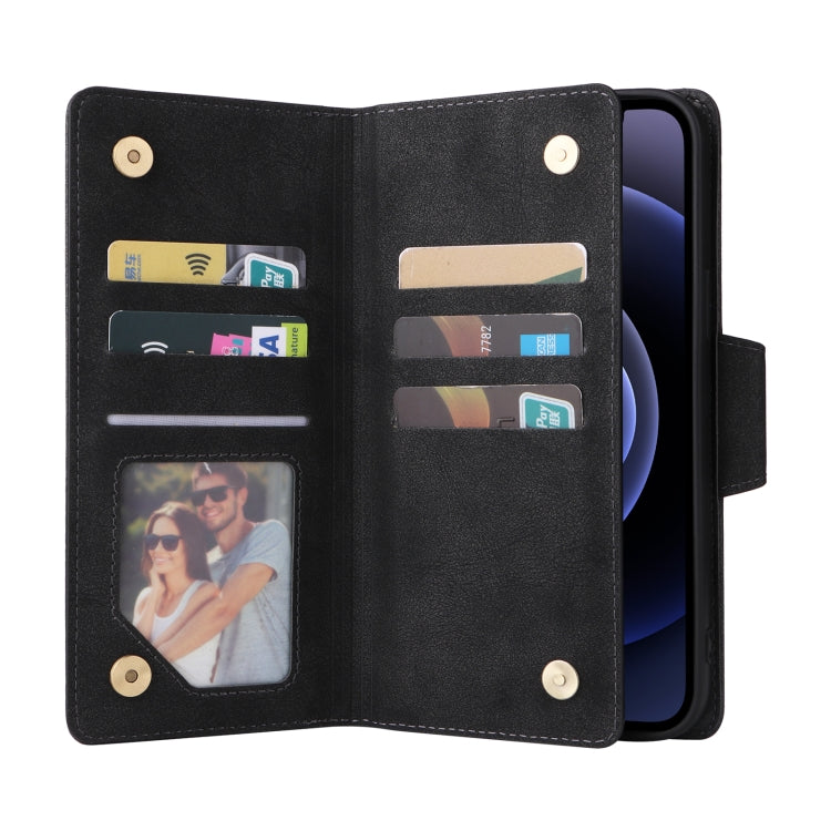 Rivet Buckle 9 Cards Three Fold Leather Phone Case, For iPhone 12, For iPhone 12 mini, For iPhone 12 Pro Max, For iPhone 13 mini
