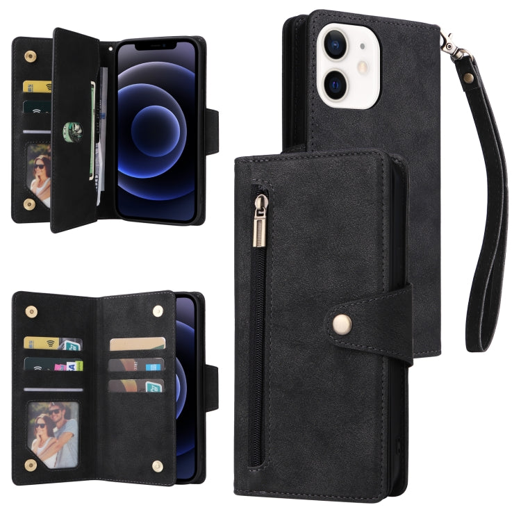 Rivet Buckle 9 Cards Three Fold Leather Phone Case, For iPhone 12, For iPhone 12 mini, For iPhone 12 Pro Max, For iPhone 13 mini