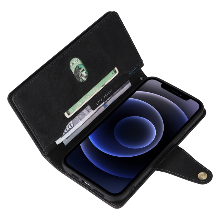 Rivet Buckle 9 Cards Three Fold Leather Phone Case, For iPhone 12, For iPhone 12 mini, For iPhone 12 Pro Max, For iPhone 13 mini