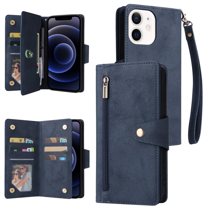 Rivet Buckle 9 Cards Three Fold Leather Phone Case, For iPhone 12, For iPhone 12 mini, For iPhone 12 Pro Max, For iPhone 13 mini