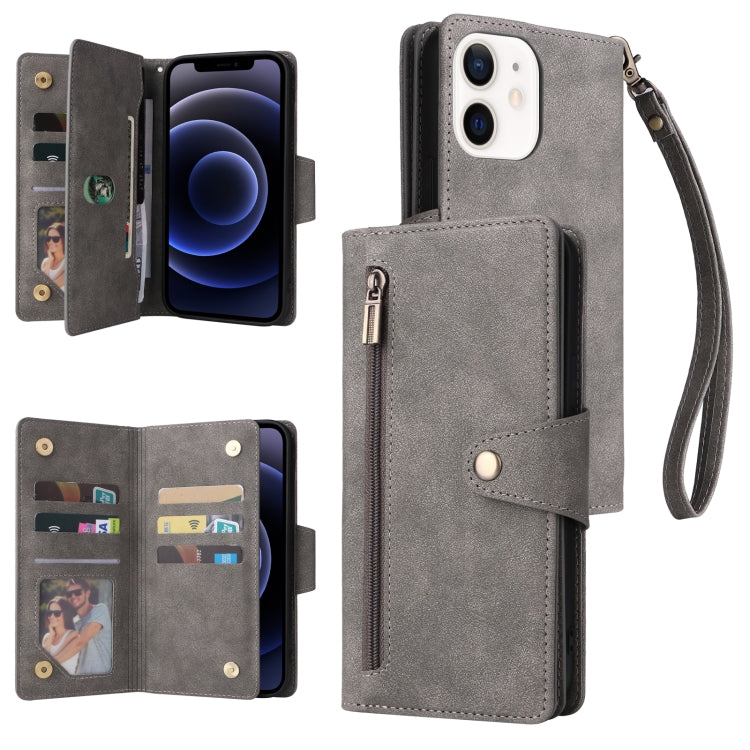 Rivet Buckle 9 Cards Three Fold Leather Phone Case, For iPhone 12, For iPhone 12 mini, For iPhone 12 Pro Max, For iPhone 13 mini