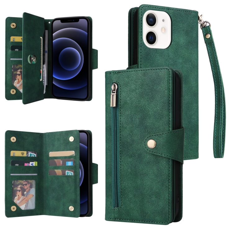Rivet Buckle 9 Cards Three Fold Leather Phone Case, For iPhone 12, For iPhone 12 mini, For iPhone 12 Pro Max, For iPhone 13 mini