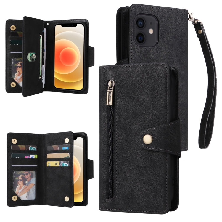 Rivet Buckle 9 Cards Three Fold Leather Phone Case, For iPhone 12, For iPhone 12 mini, For iPhone 12 Pro Max, For iPhone 13 mini