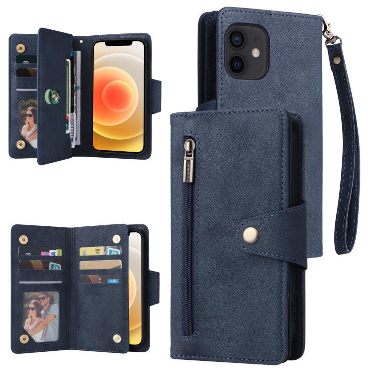 Rivet Buckle 9 Cards Three Fold Leather Phone Case, For iPhone 12, For iPhone 12 mini, For iPhone 12 Pro Max, For iPhone 13 mini