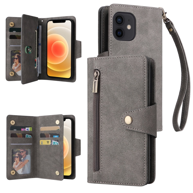 Rivet Buckle 9 Cards Three Fold Leather Phone Case, For iPhone 12, For iPhone 12 mini, For iPhone 12 Pro Max, For iPhone 13 mini