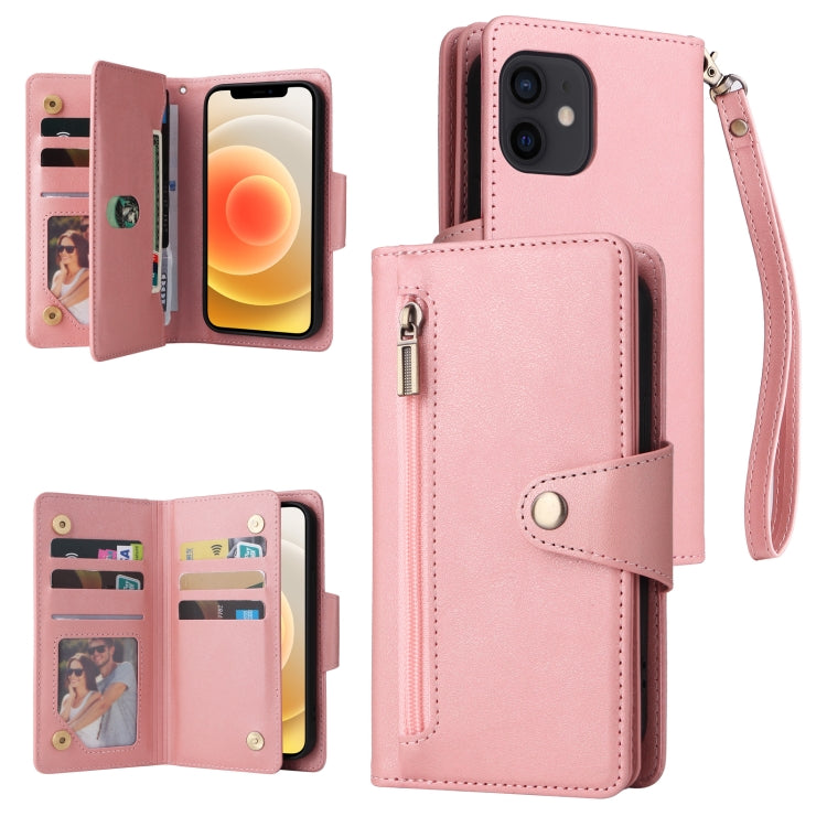 Rivet Buckle 9 Cards Three Fold Leather Phone Case, For iPhone 12, For iPhone 12 mini, For iPhone 12 Pro Max, For iPhone 13 mini