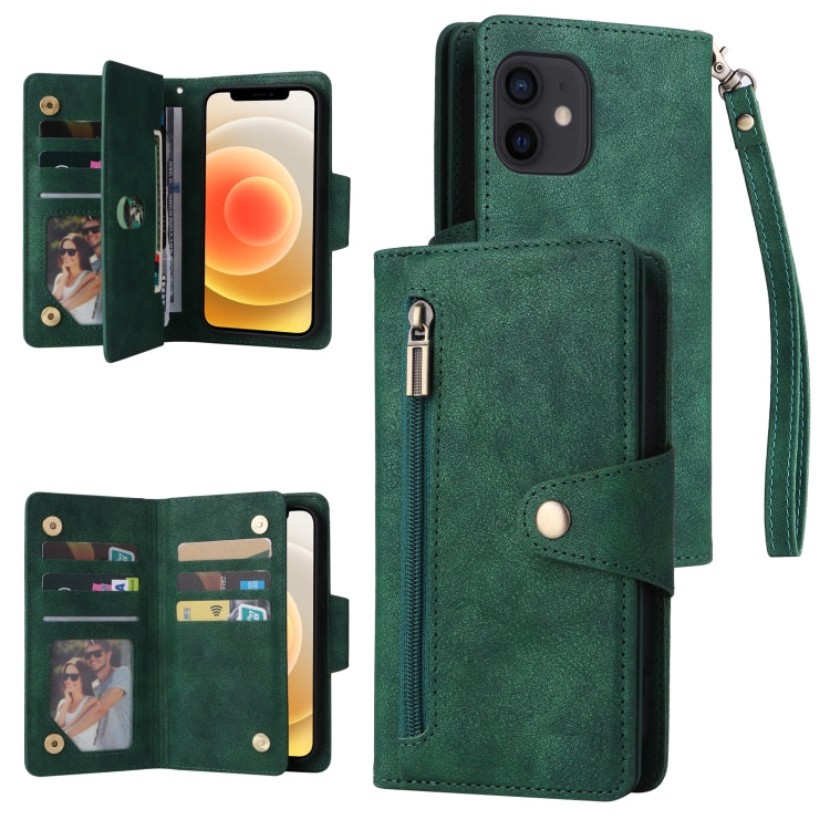 Rivet Buckle 9 Cards Three Fold Leather Phone Case, For iPhone 12, For iPhone 12 mini, For iPhone 12 Pro Max, For iPhone 13 mini