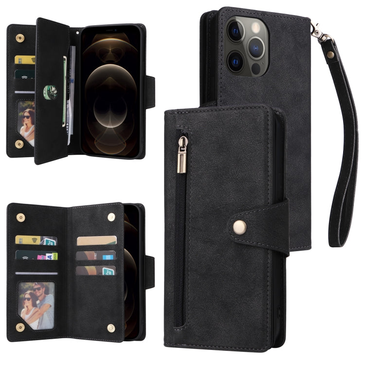 Rivet Buckle 9 Cards Three Fold Leather Phone Case, For iPhone 12, For iPhone 12 mini, For iPhone 12 Pro Max, For iPhone 13 mini