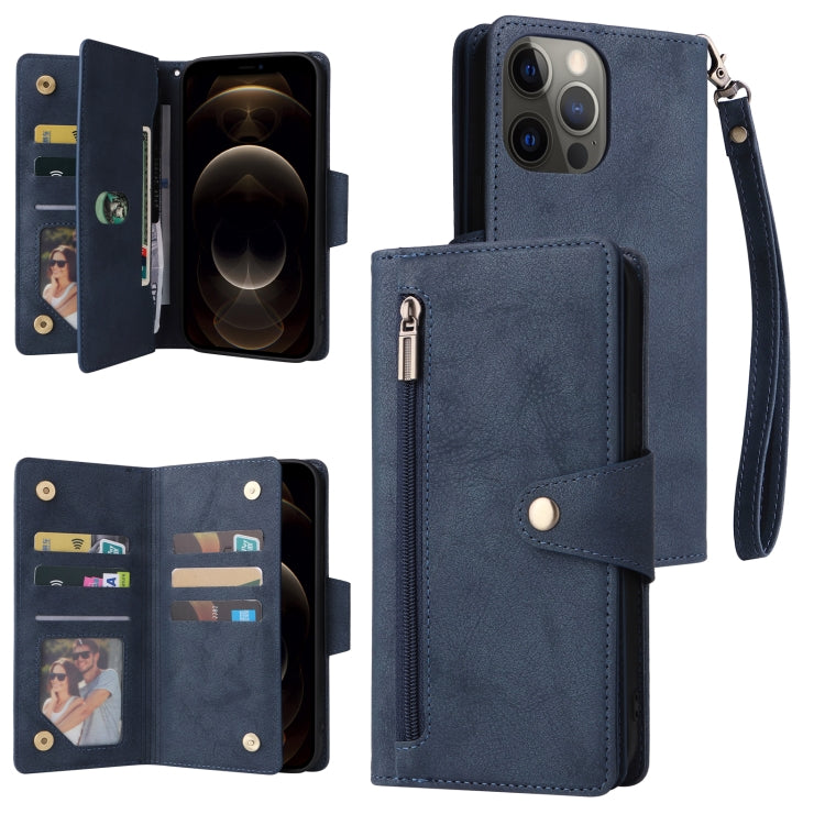 Rivet Buckle 9 Cards Three Fold Leather Phone Case, For iPhone 12, For iPhone 12 mini, For iPhone 12 Pro Max, For iPhone 13 mini