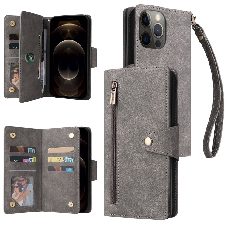 Rivet Buckle 9 Cards Three Fold Leather Phone Case, For iPhone 12, For iPhone 12 mini, For iPhone 12 Pro Max, For iPhone 13 mini