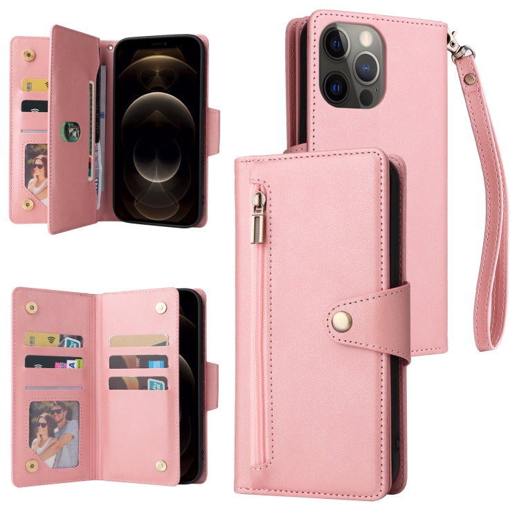 Rivet Buckle 9 Cards Three Fold Leather Phone Case, For iPhone 12, For iPhone 12 mini, For iPhone 12 Pro Max, For iPhone 13 mini