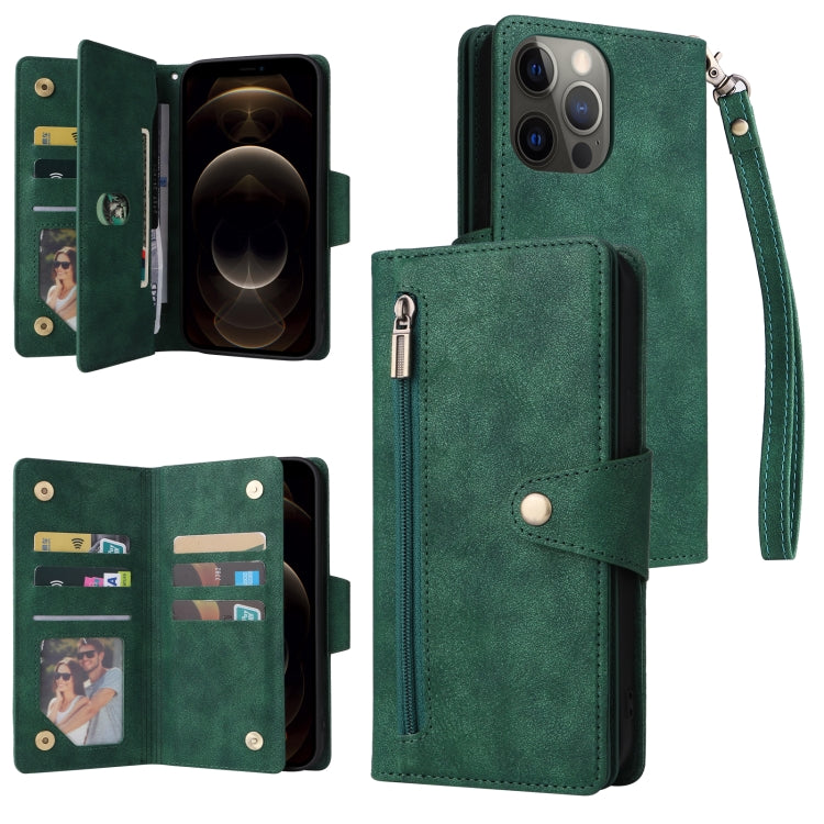 Rivet Buckle 9 Cards Three Fold Leather Phone Case, For iPhone 12, For iPhone 12 mini, For iPhone 12 Pro Max, For iPhone 13 mini