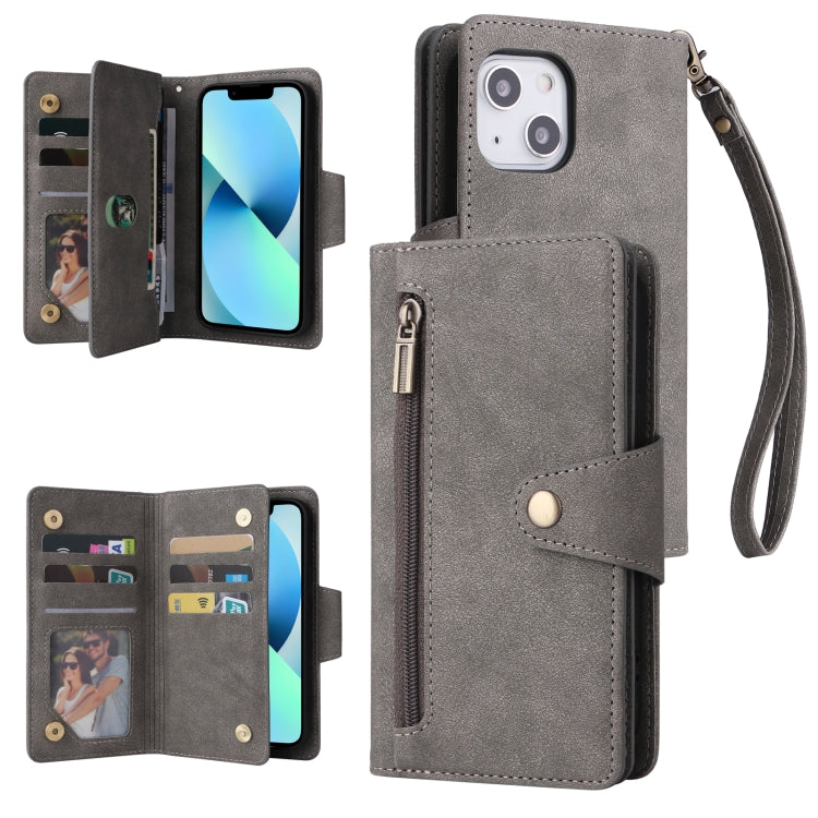 Rivet Buckle 9 Cards Three Fold Leather Phone Case, For iPhone 12, For iPhone 12 mini, For iPhone 12 Pro Max, For iPhone 13 mini