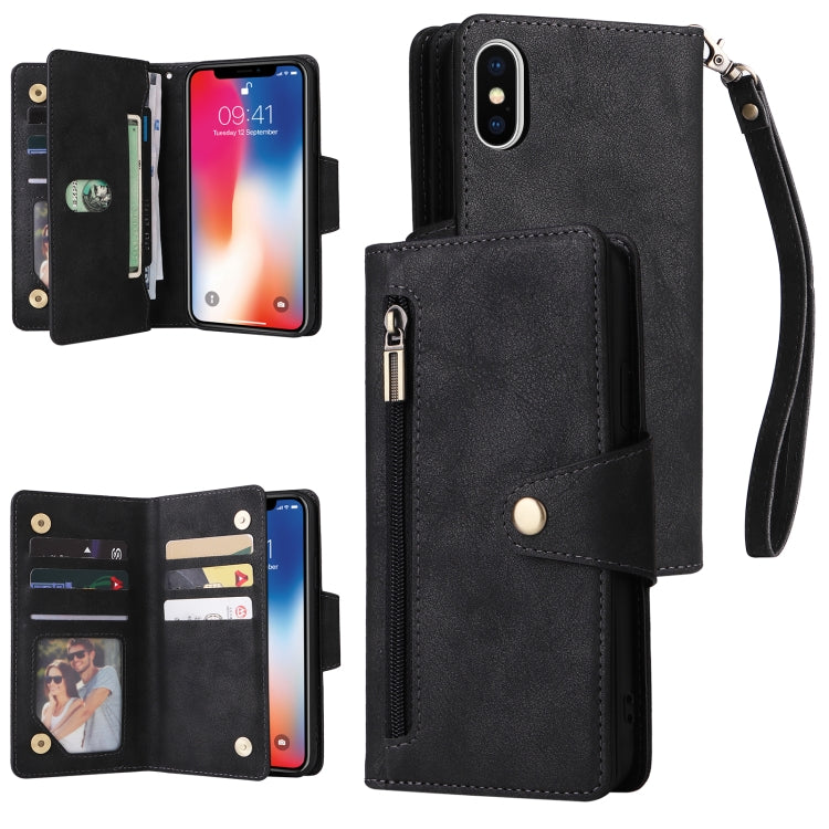 Rivet Buckle 9 Cards Three Fold Leather Phone Case, For iPhone X/XS, For iPhone XR, For iPhone XS Max, For iPhone 11 Pro Max