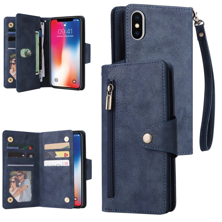 Rivet Buckle 9 Cards Three Fold Leather Phone Case, For iPhone X/XS, For iPhone XR, For iPhone XS Max, For iPhone 11 Pro Max