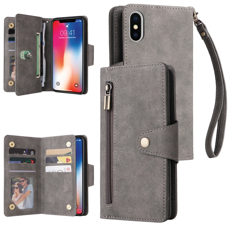 Rivet Buckle 9 Cards Three Fold Leather Phone Case, For iPhone X/XS, For iPhone XR, For iPhone XS Max, For iPhone 11 Pro Max